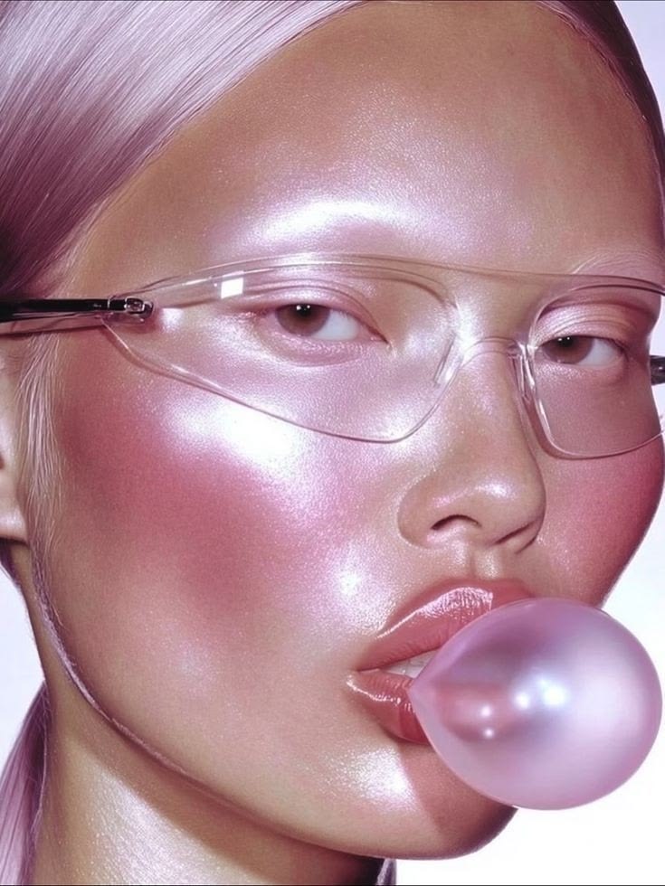 Iridescent beauty portrait with pearlescent bubblegum and reflective eyewear