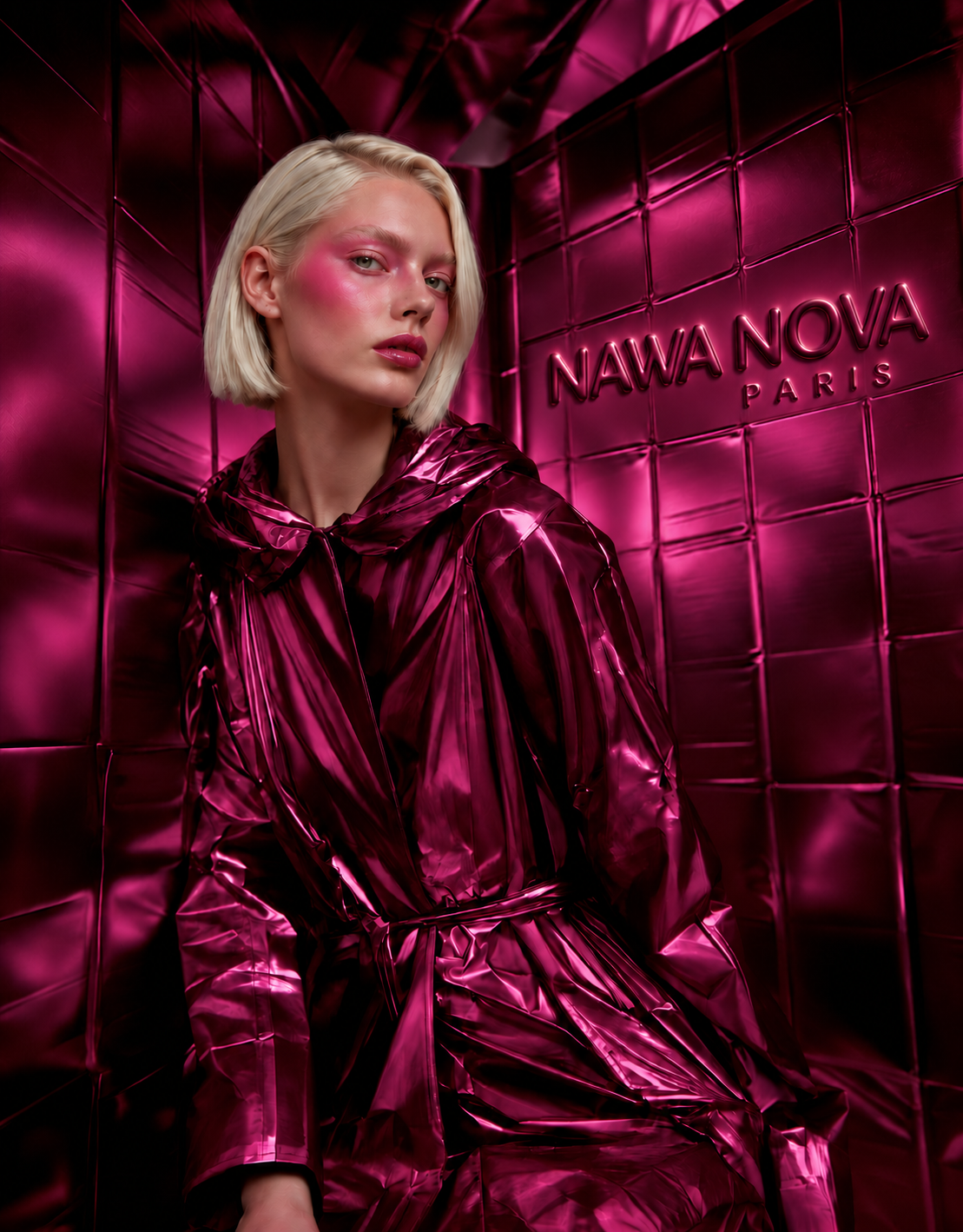 Model with a white bob in a metallic prune coat before a NAWA NOVA Paris wall